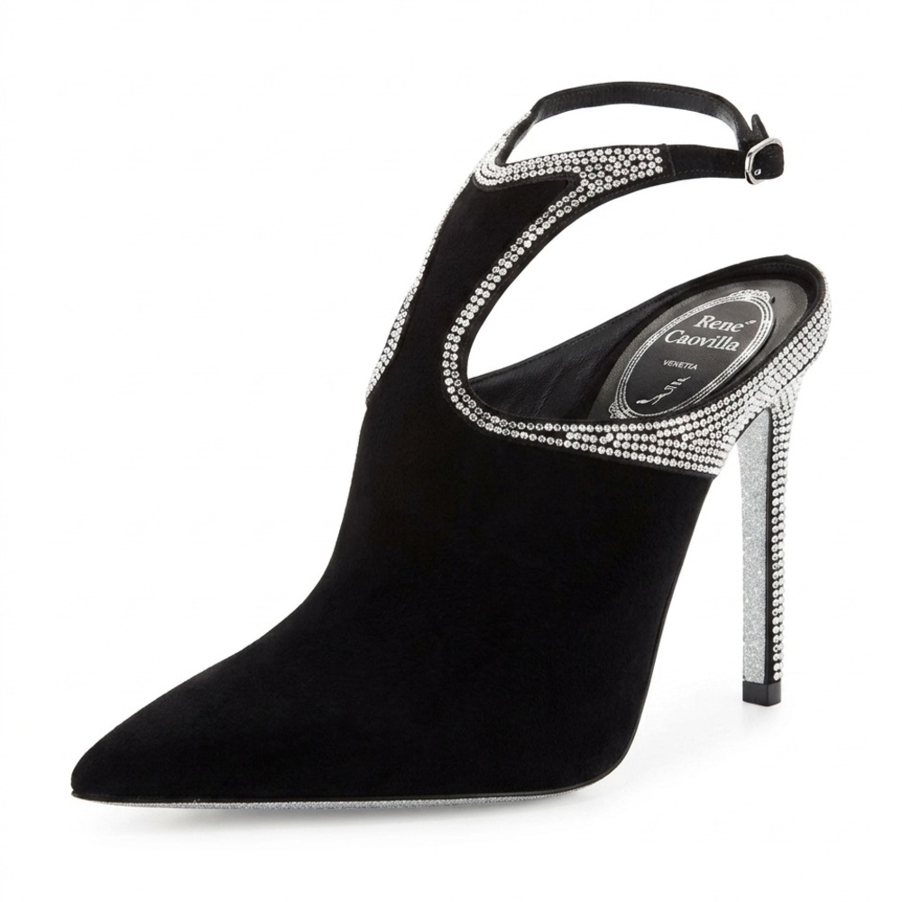 Rene Caovilla Strass Embellished Suede Pointed Toe Open Back Ankle Bootie Heels